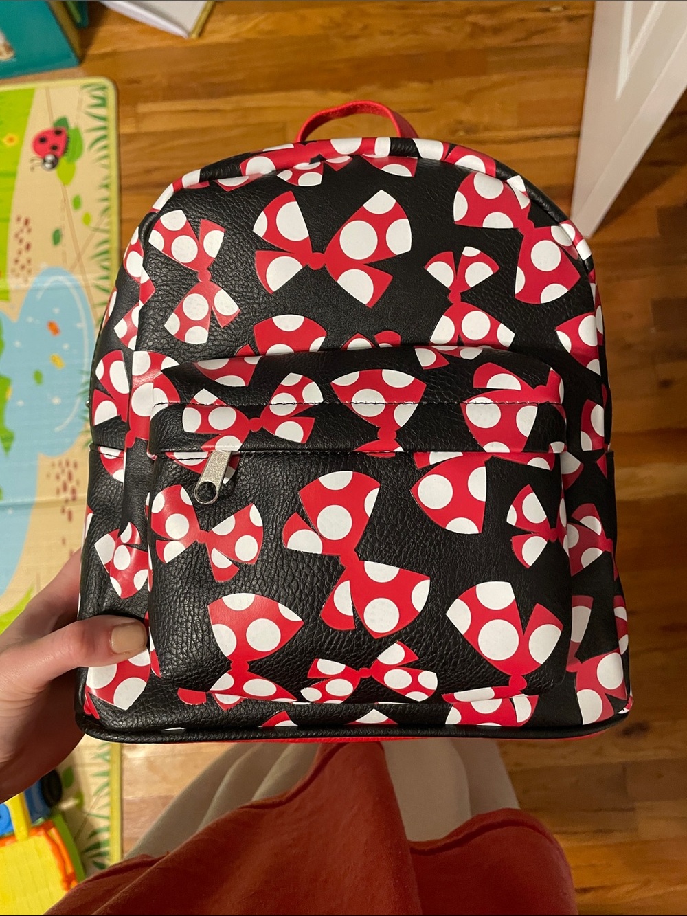 Black Mini Backpack with Red & White Bow Print